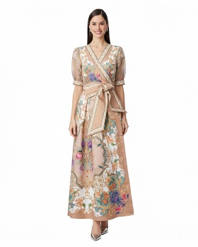 Cross collar printing short sleeve vacation frenum dress