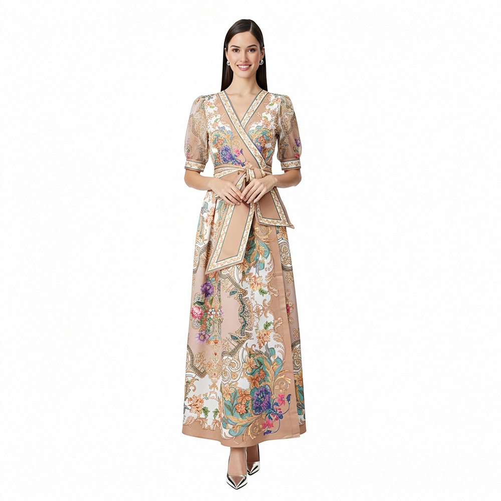 Cross collar printing short sleeve vacation frenum dress