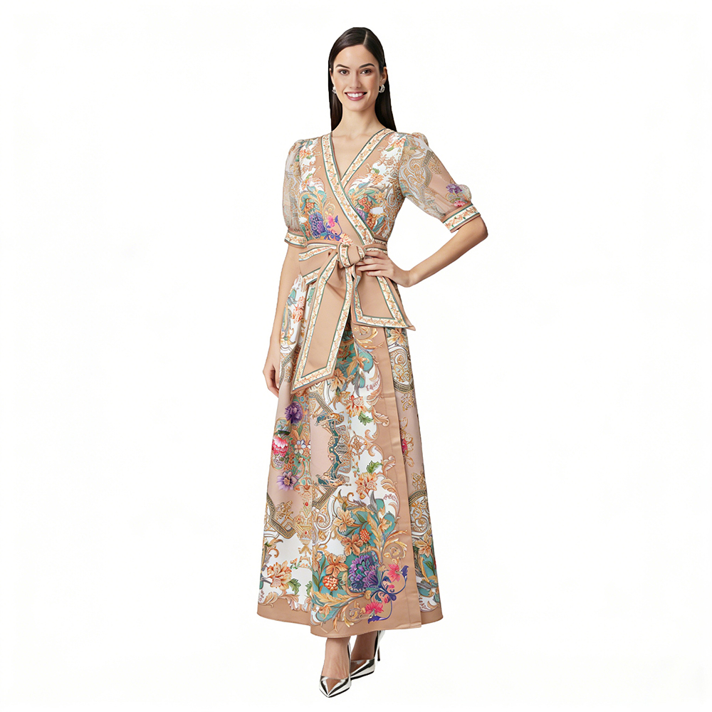 Cross collar printing short sleeve vacation frenum dress