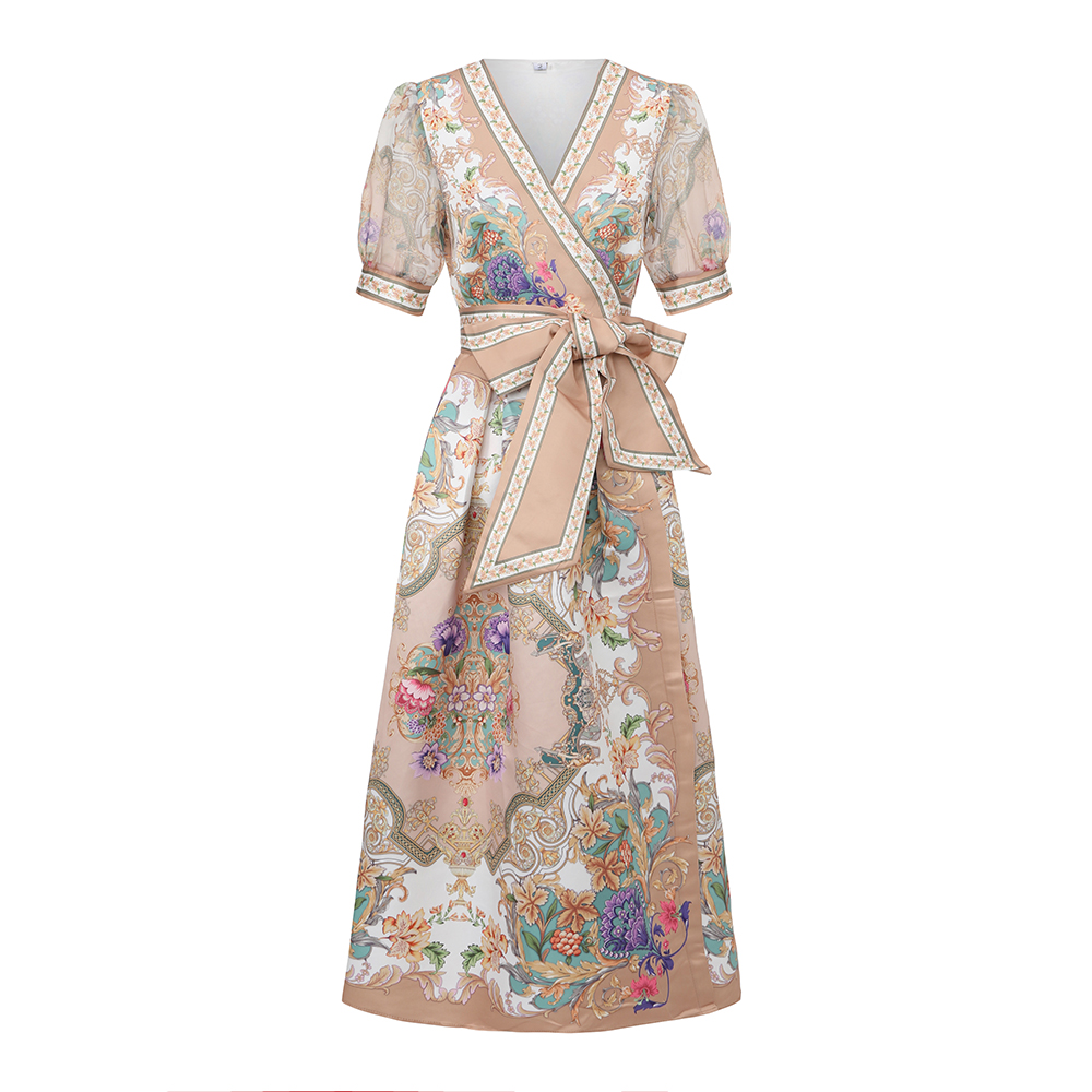 Cross collar printing short sleeve vacation frenum dress