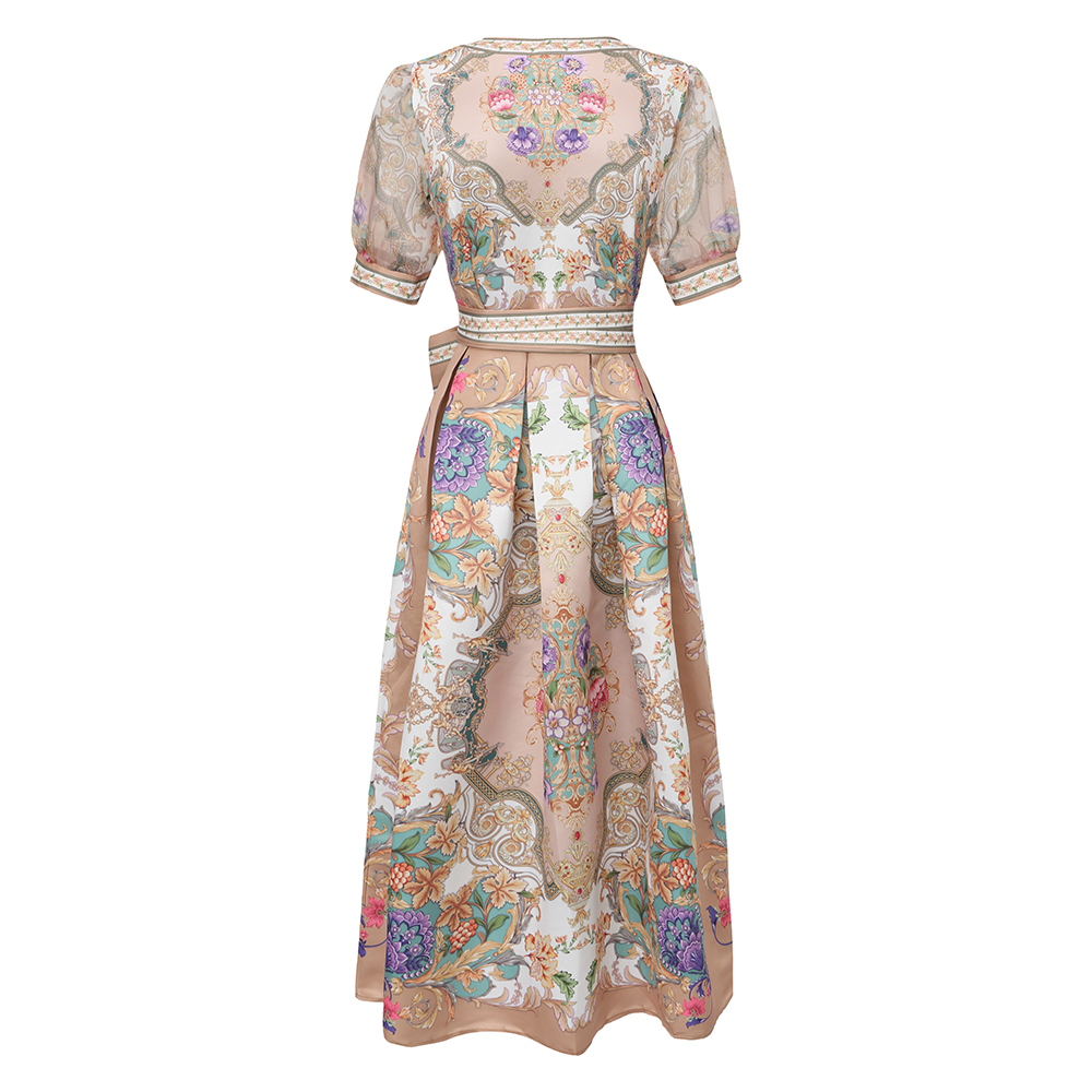 Cross collar printing short sleeve vacation frenum dress