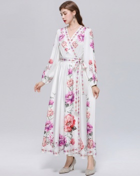 Court style printing dress temperament long dress