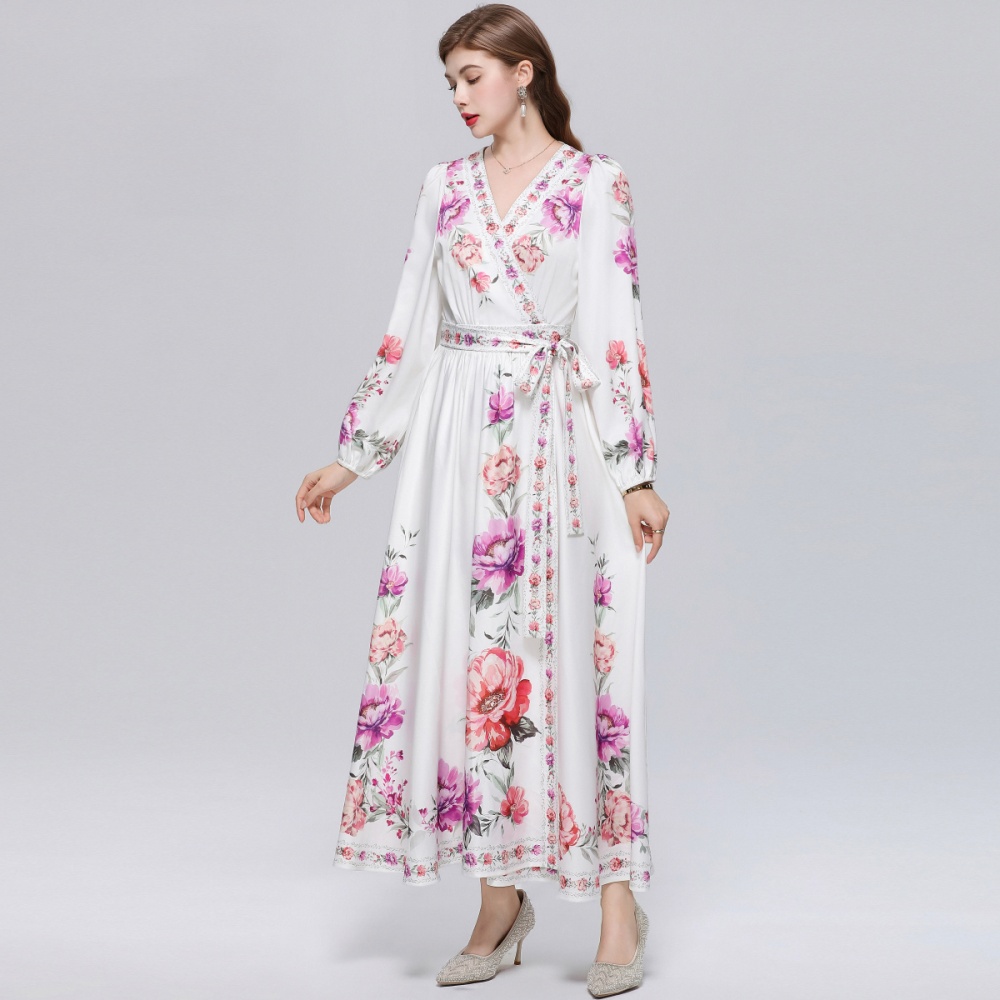 Court style printing dress temperament long dress