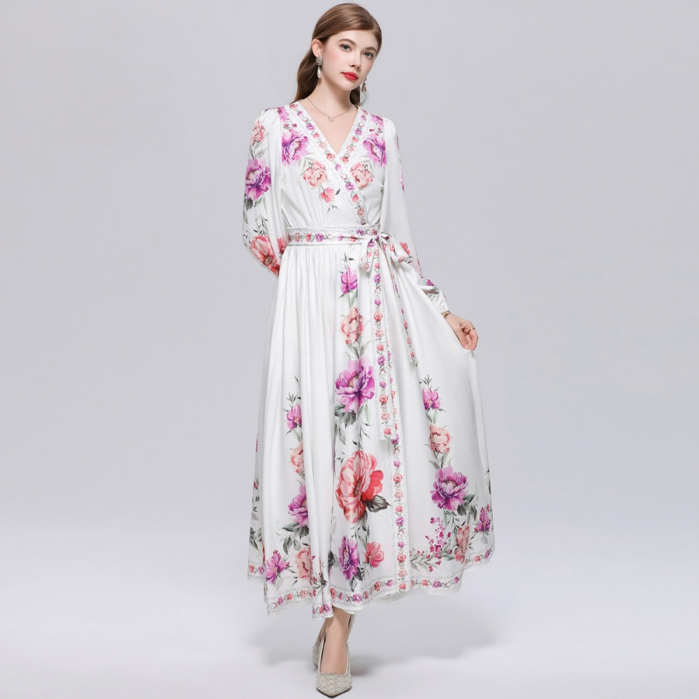 Court style printing dress temperament long dress