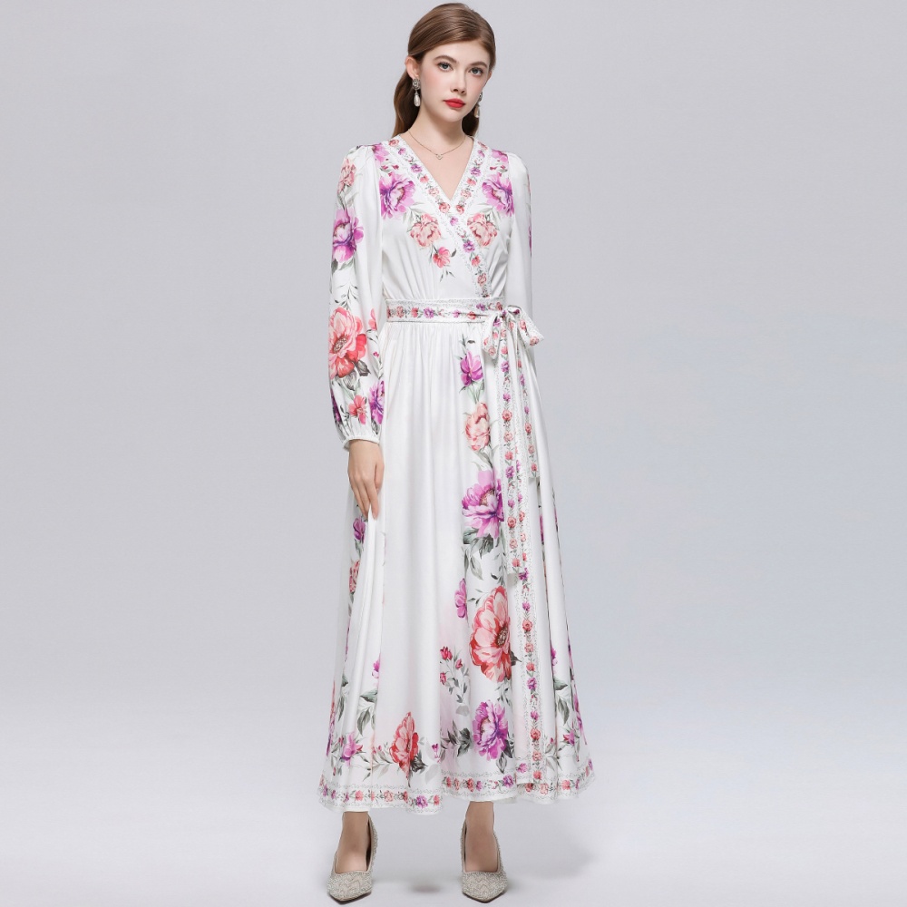 Court style printing dress temperament long dress