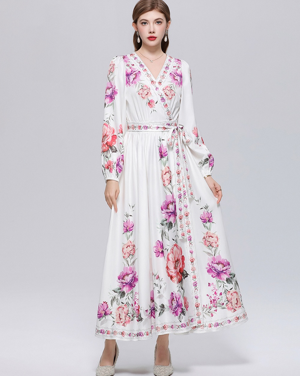Court style printing dress temperament long dress