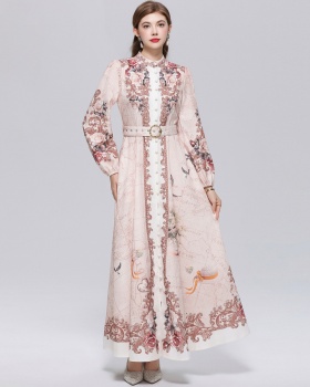 Temperament printing slim formal dress long breasted dress