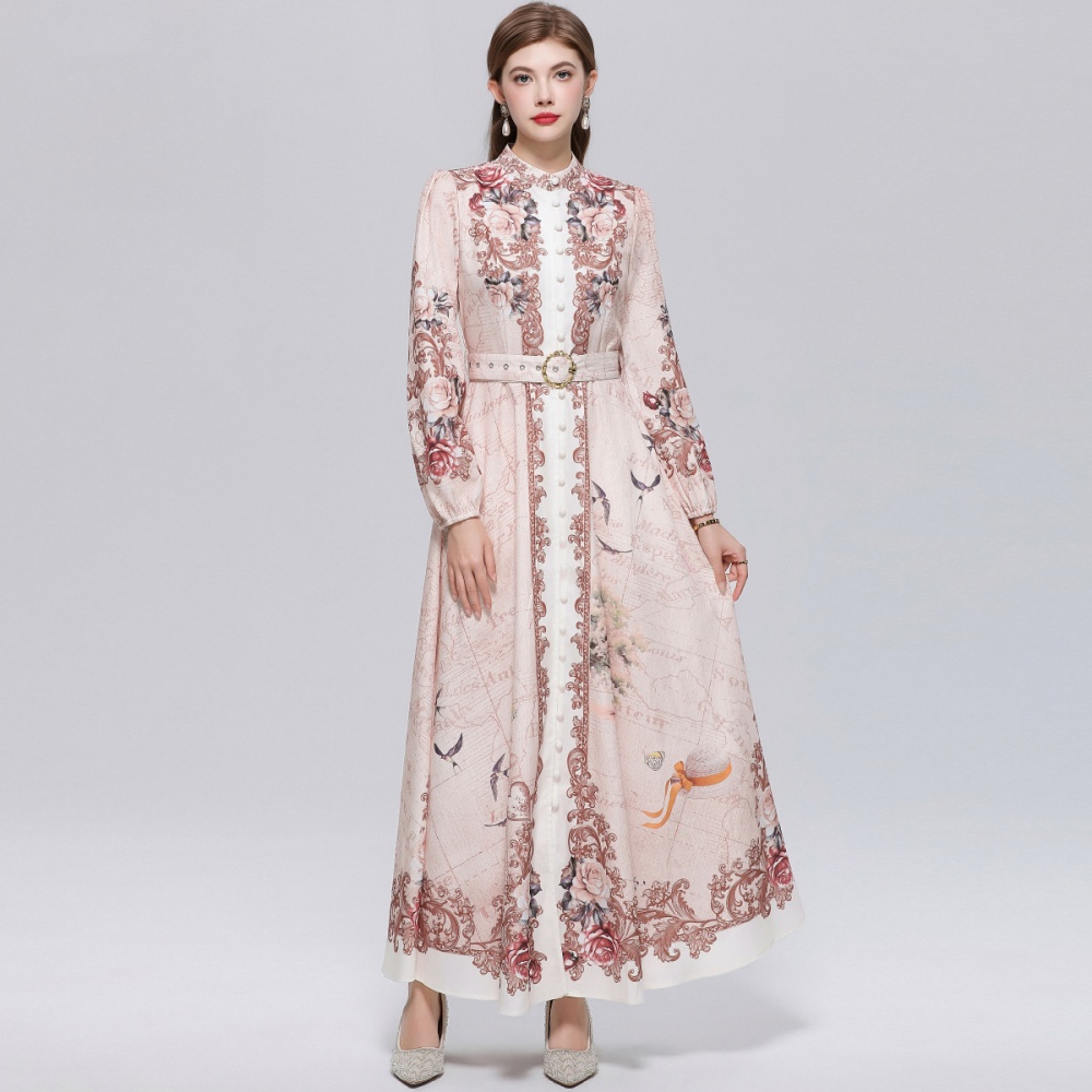 Temperament printing slim formal dress long breasted dress