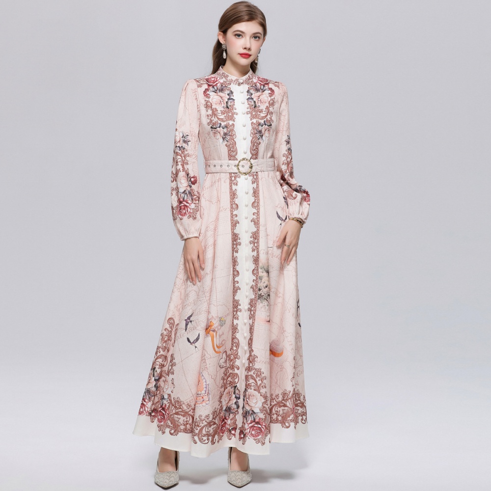 Temperament printing slim formal dress long breasted dress