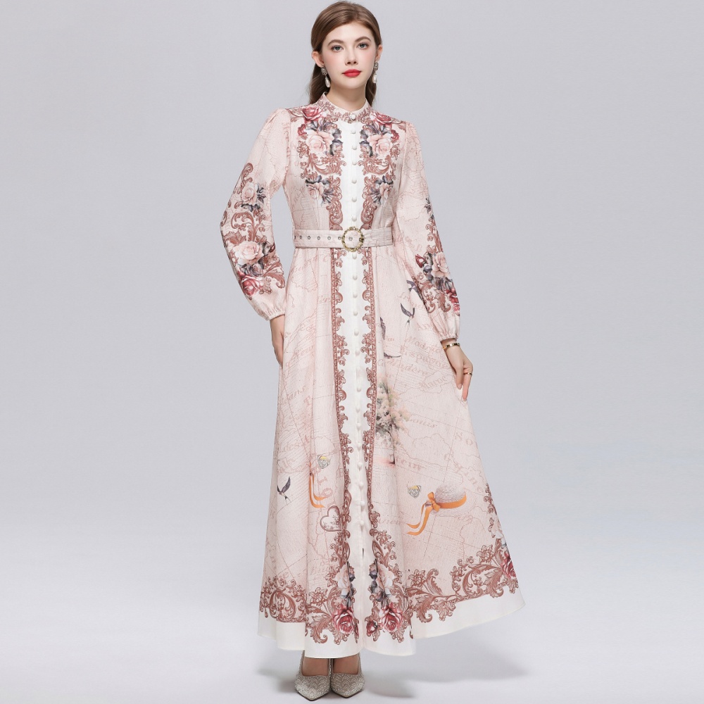 Temperament printing slim formal dress long breasted dress
