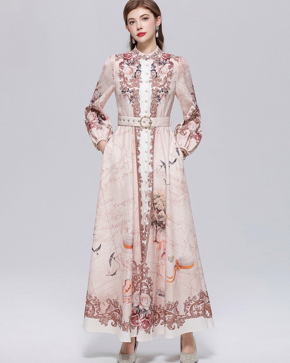 Temperament printing slim formal dress long breasted dress