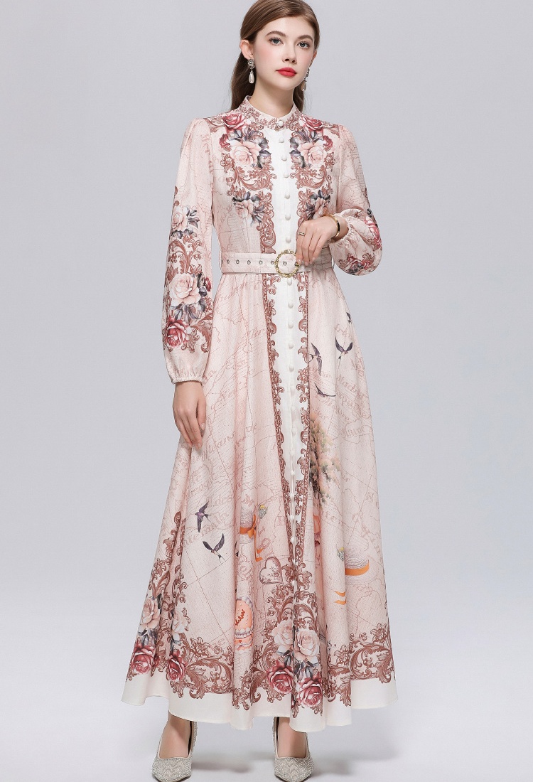 Temperament printing slim formal dress long breasted dress