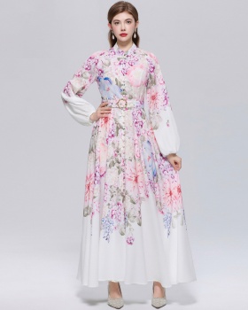 With belt temperament formal dress puff sleeve dress