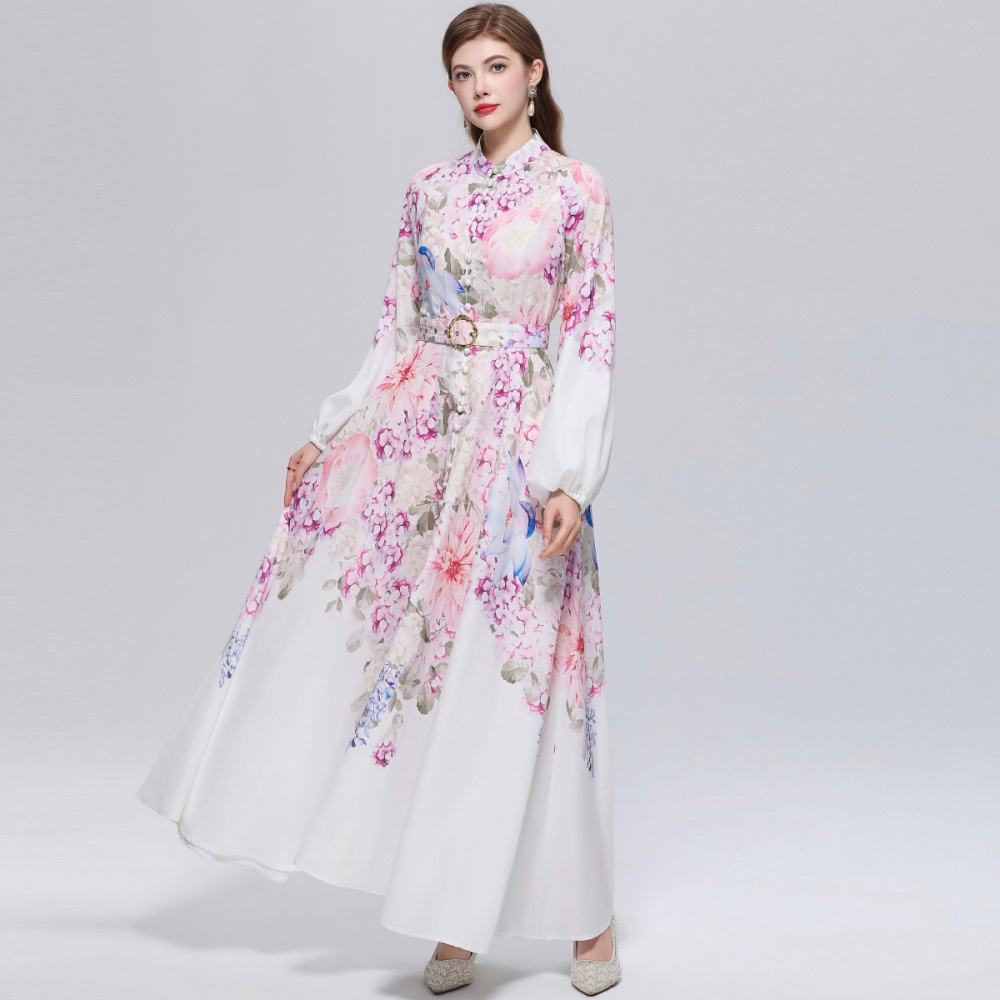 With belt temperament formal dress puff sleeve dress