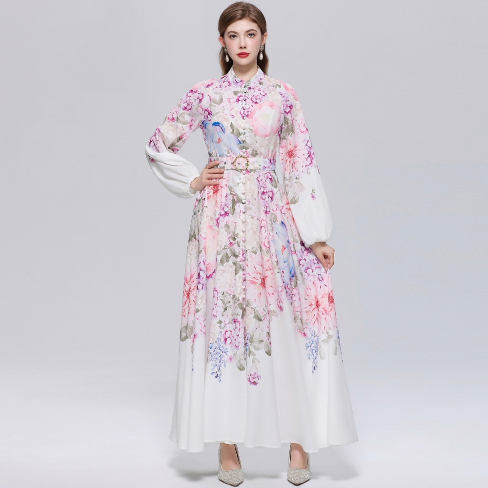 With belt temperament formal dress puff sleeve dress