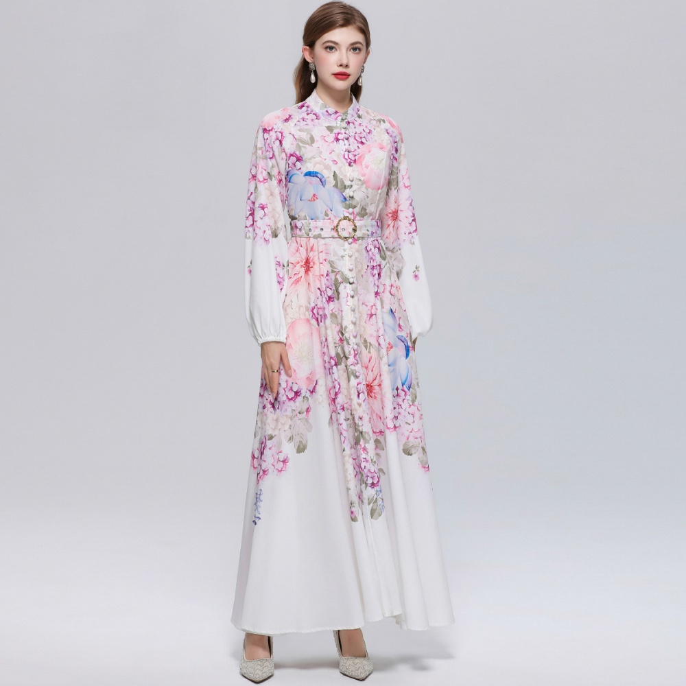 With belt temperament formal dress puff sleeve dress