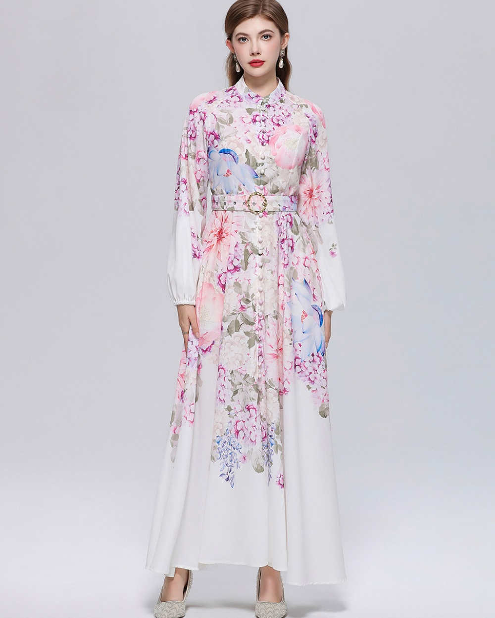 With belt temperament formal dress puff sleeve dress