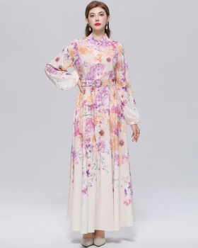 With belt slim puff sleeve formal dress printing retro dress
