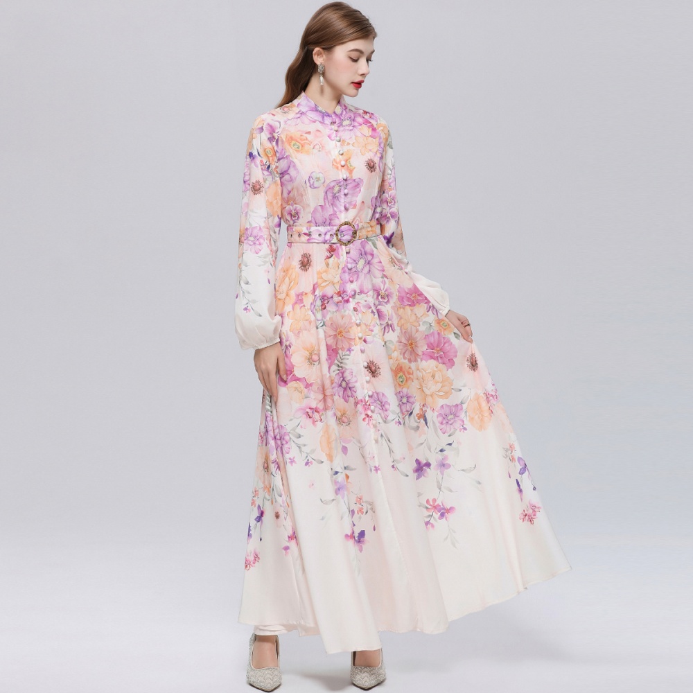 With belt slim puff sleeve formal dress printing retro dress