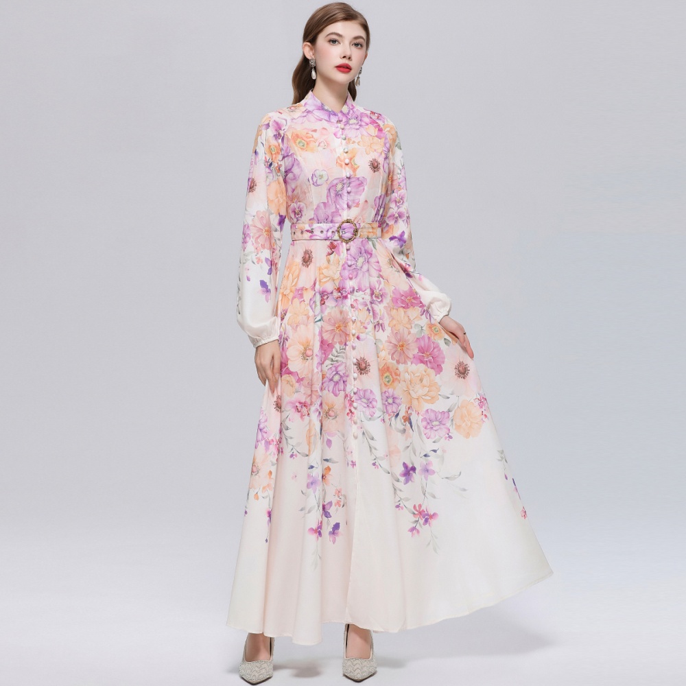 With belt slim puff sleeve formal dress printing retro dress