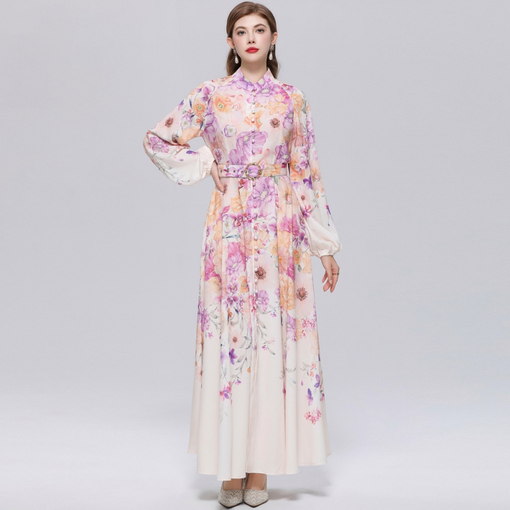 With belt slim puff sleeve formal dress printing retro dress