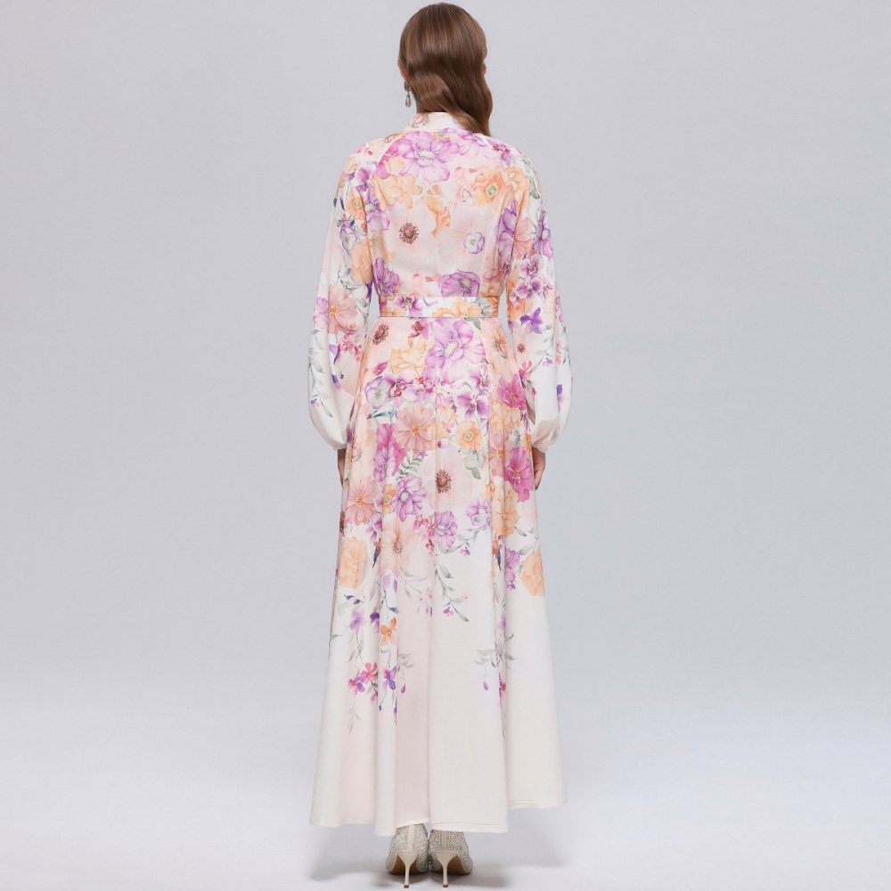 With belt slim puff sleeve formal dress printing retro dress