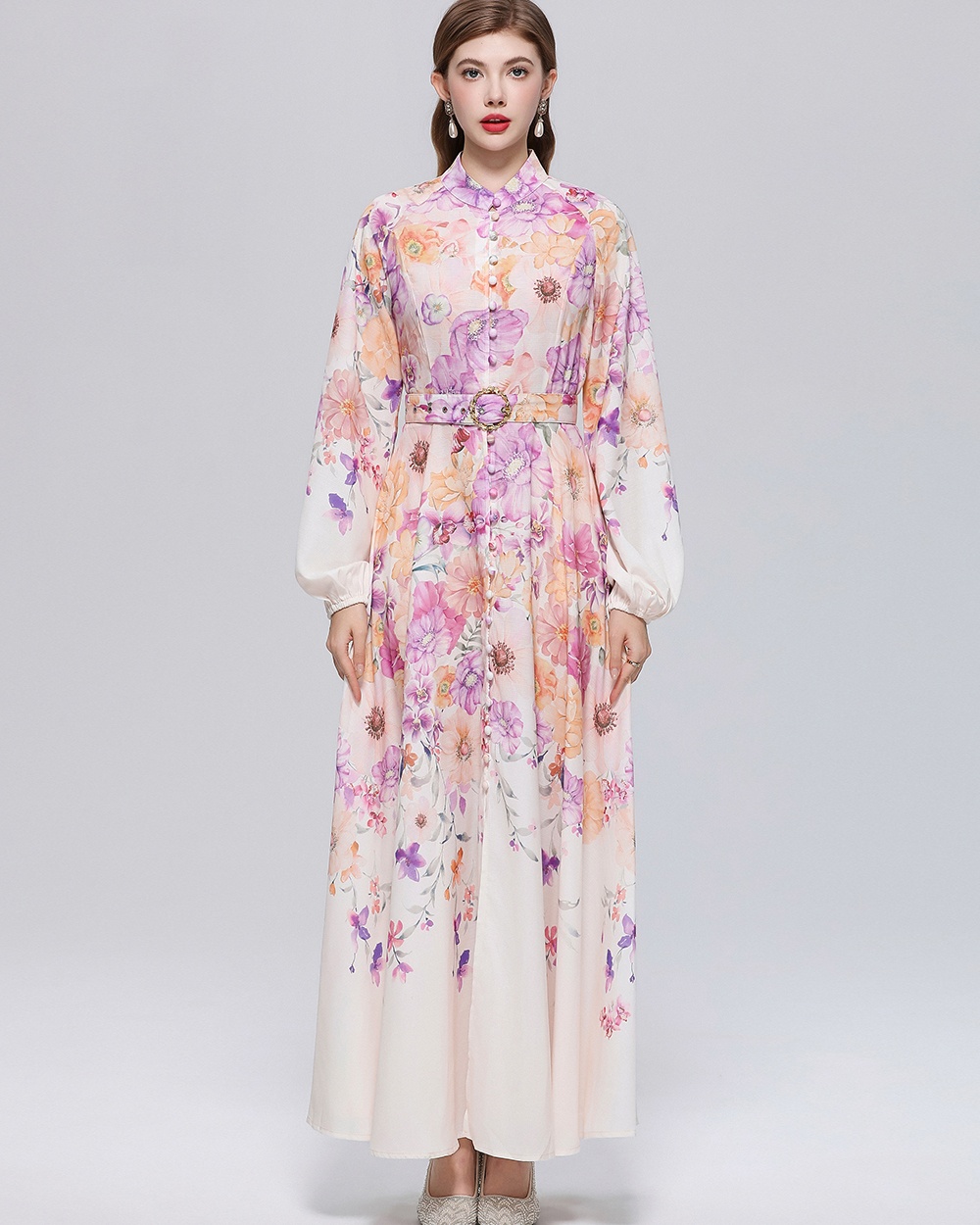 With belt slim puff sleeve formal dress printing retro dress