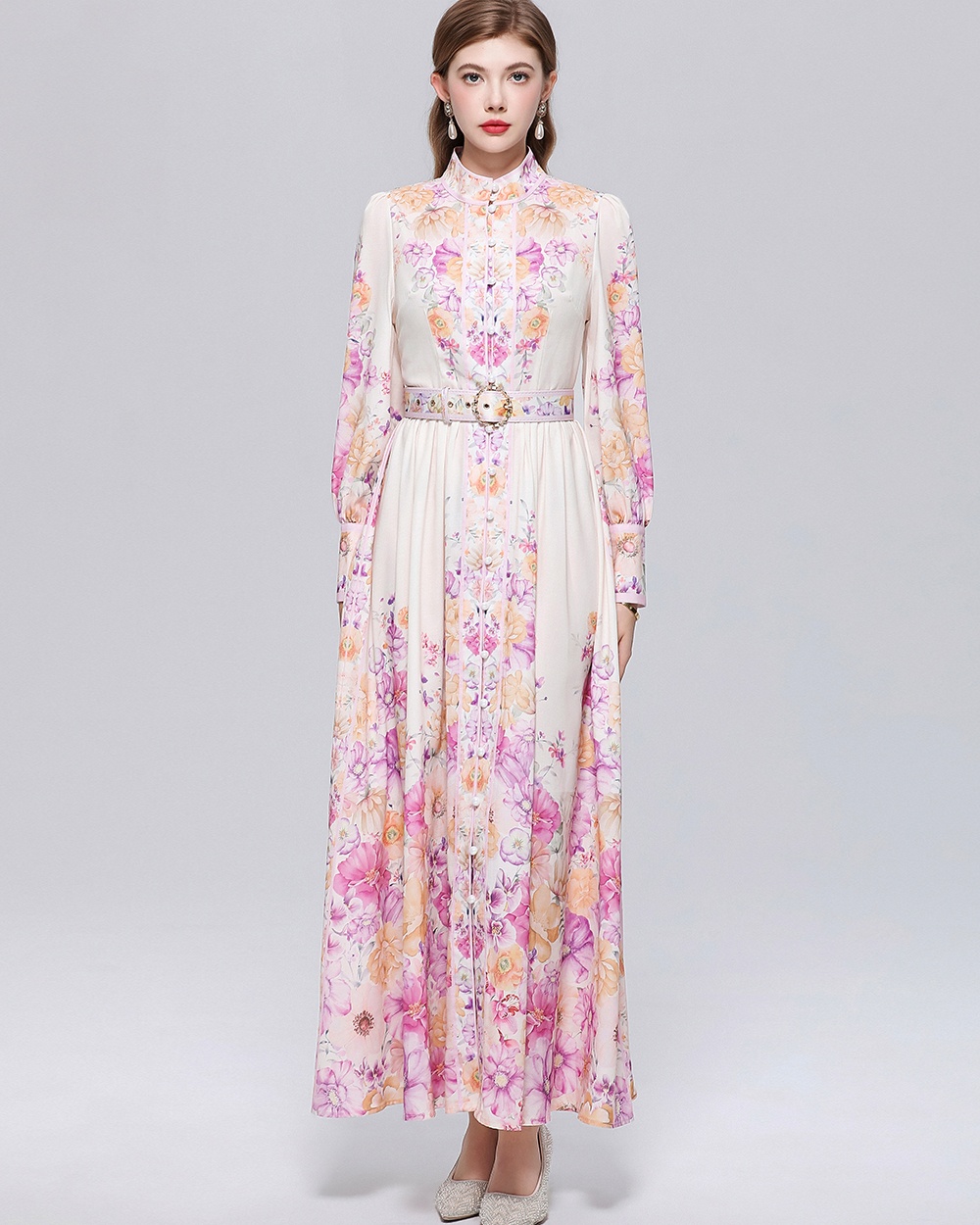 Breasted printing dress temperament slim formal dress