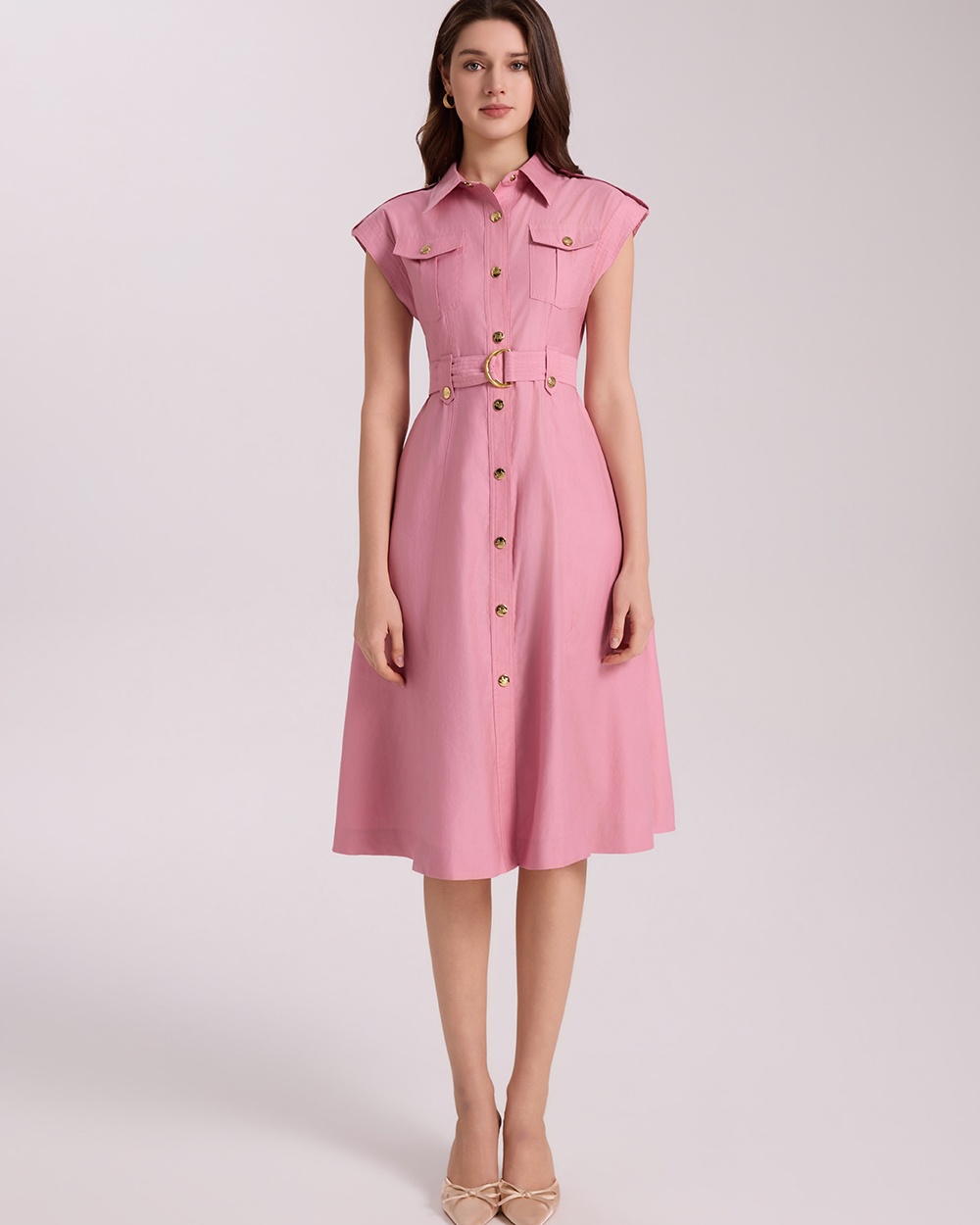 A-line sleeveless pinched waist dress metal light shirt for women