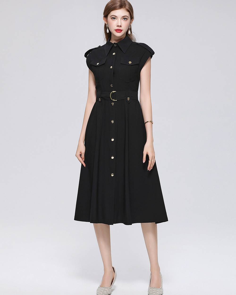 Metal sleeveless A-line dress light slim lapel shirt