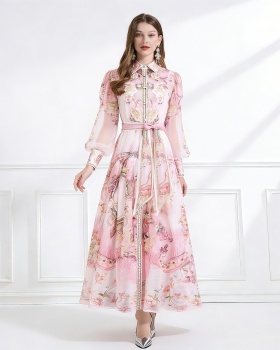 Pinched waist frenum dress printing elegant style shirt