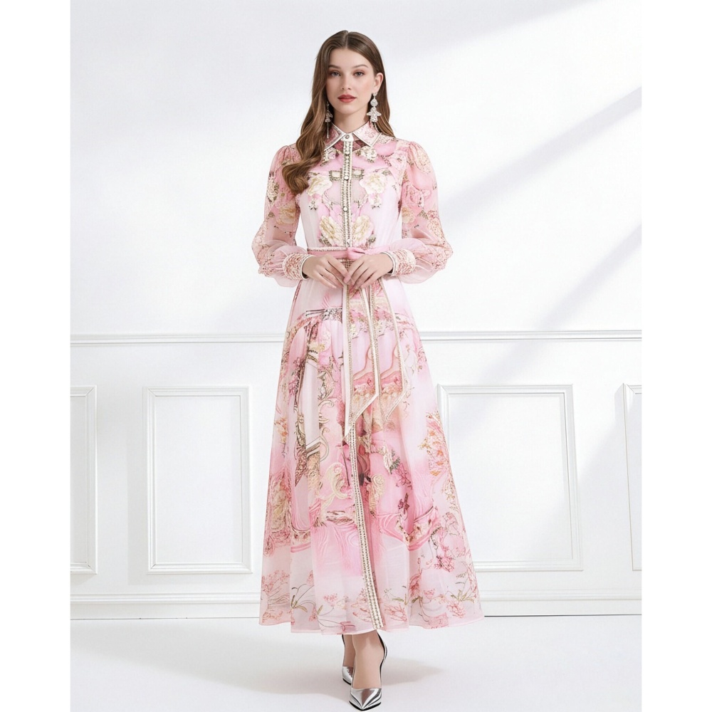 Pinched waist frenum dress printing elegant style shirt