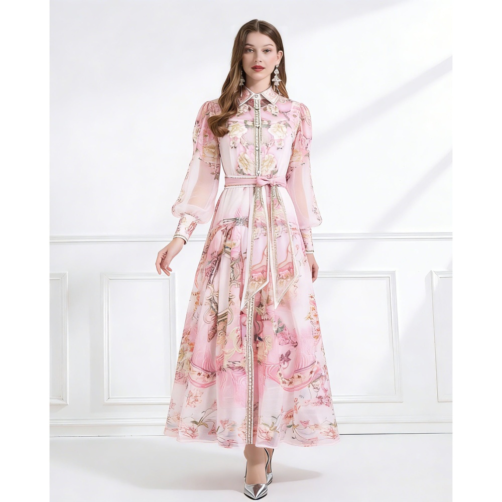 Pinched waist frenum dress printing elegant style shirt