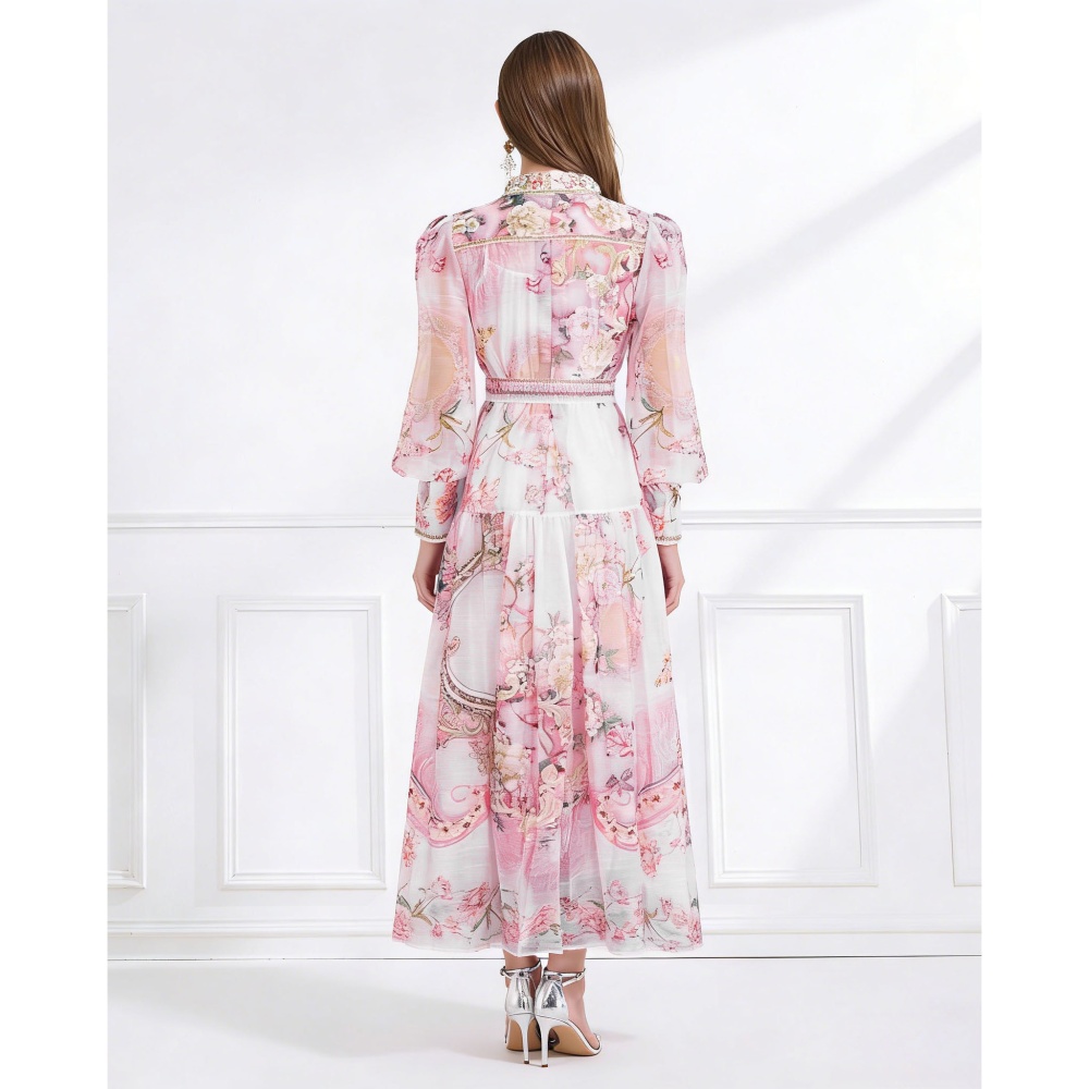 Pinched waist frenum dress printing elegant style shirt