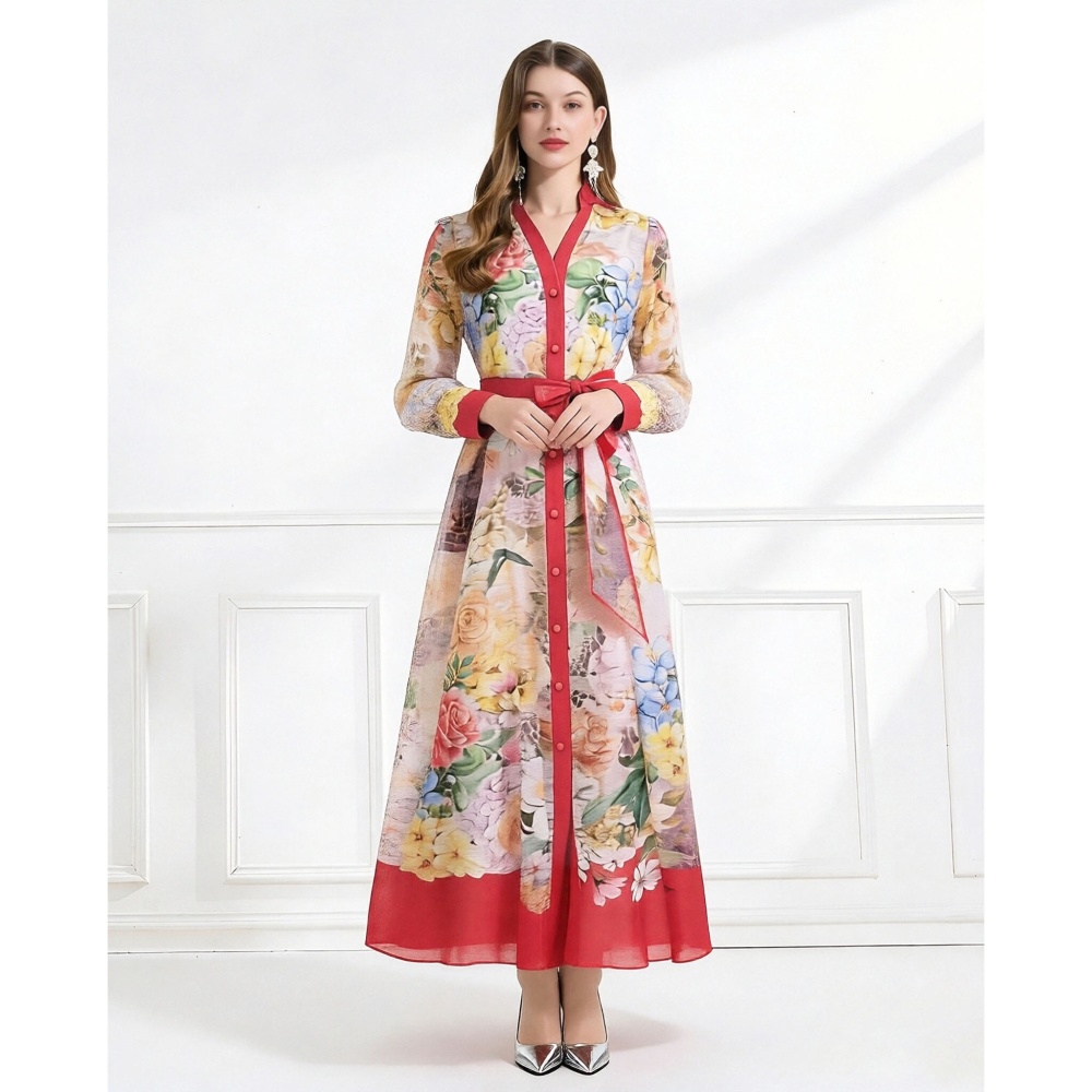 Vacation silk linen pattern flowers with sling V-neck dress
