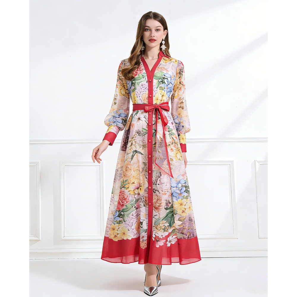 Vacation silk linen pattern flowers with sling V-neck dress