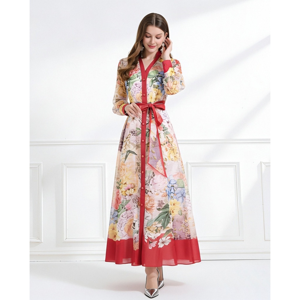 Vacation silk linen pattern flowers with sling V-neck dress