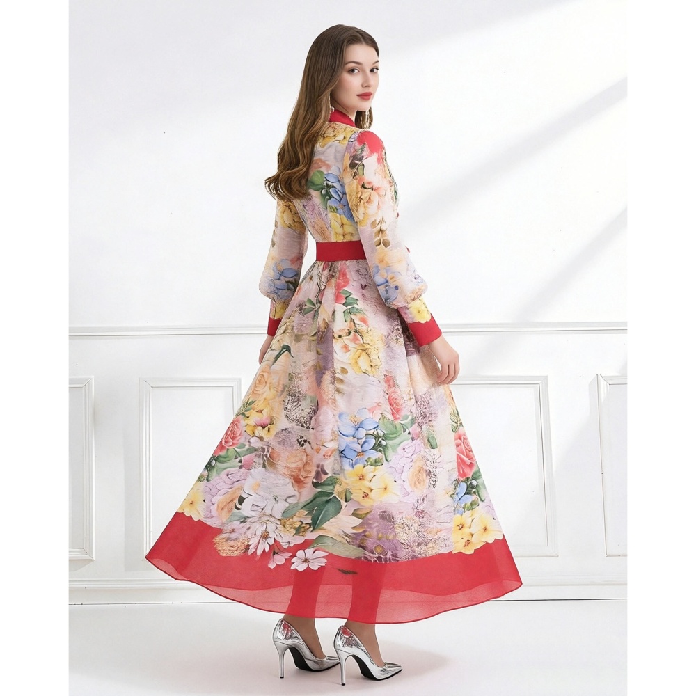 Vacation silk linen pattern flowers with sling V-neck dress