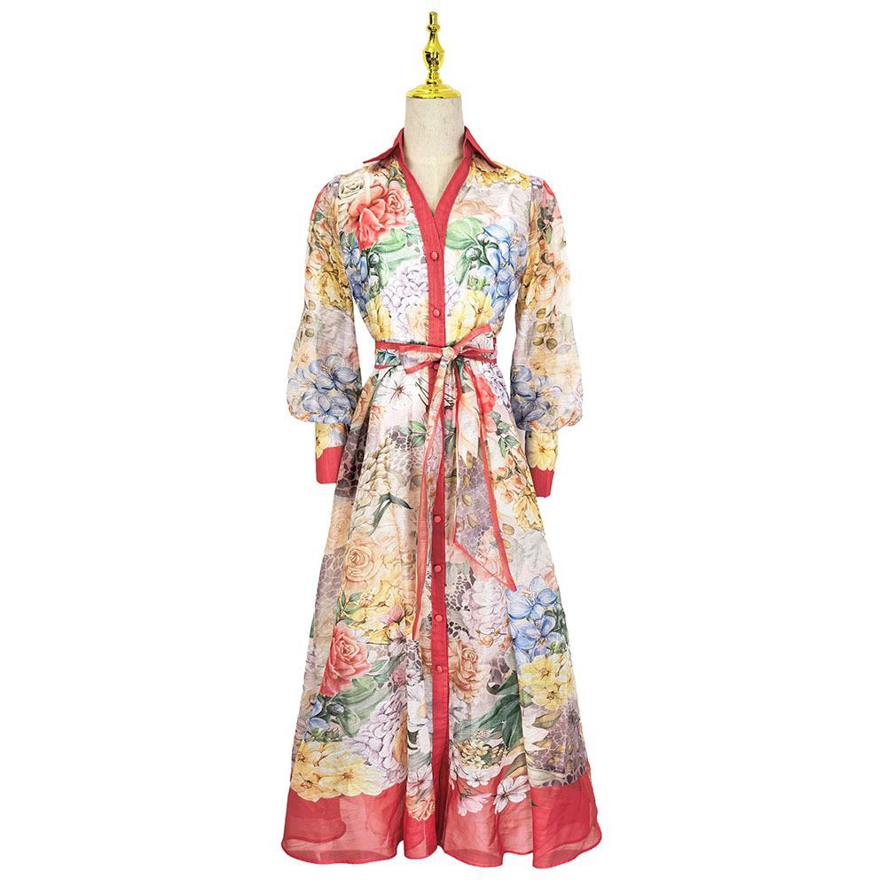 Vacation silk linen pattern flowers with sling V-neck dress