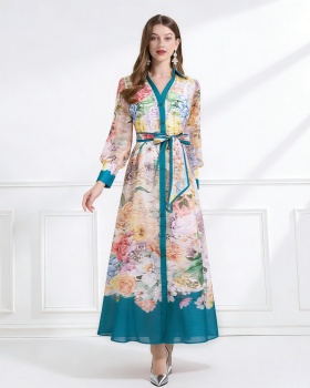 Pattern frenum with sling silk linen V-neck pinched waist dress