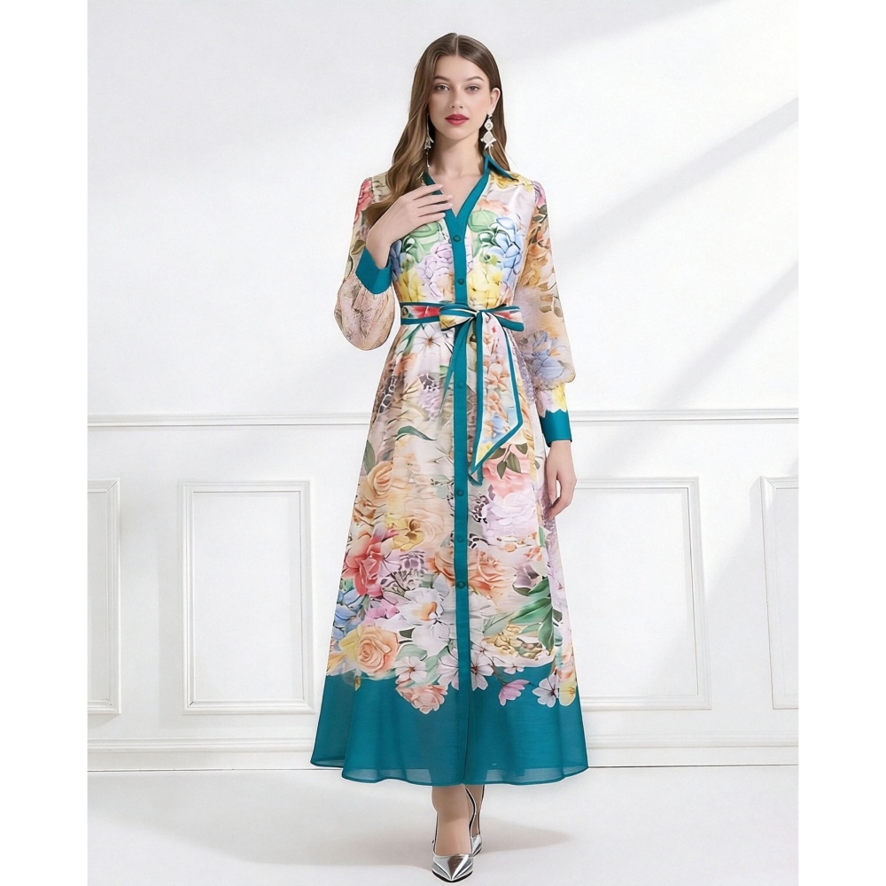 Pattern frenum with sling silk linen V-neck pinched waist dress