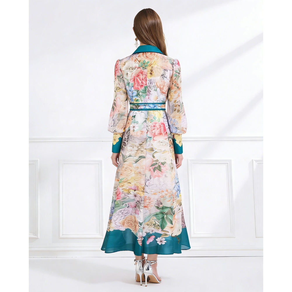 Pattern frenum with sling silk linen V-neck pinched waist dress