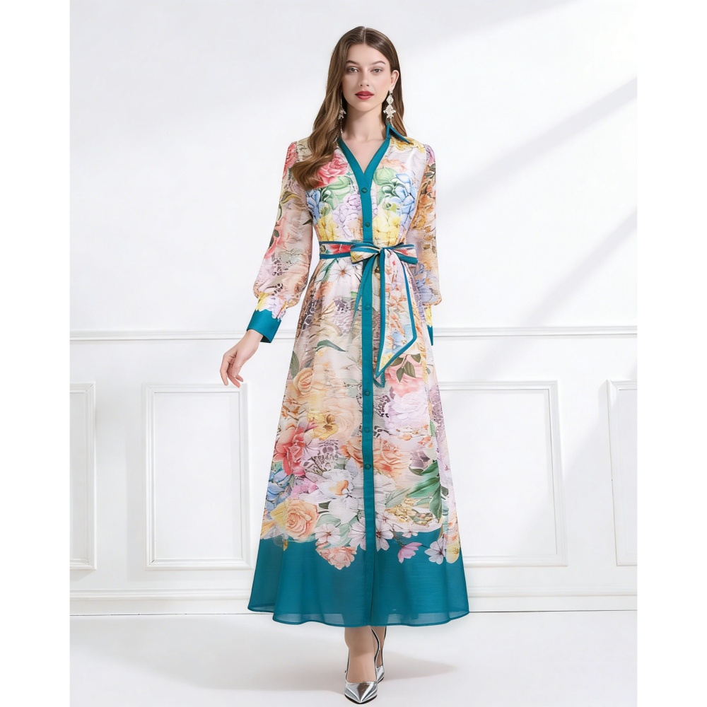 Pattern frenum with sling silk linen V-neck pinched waist dress