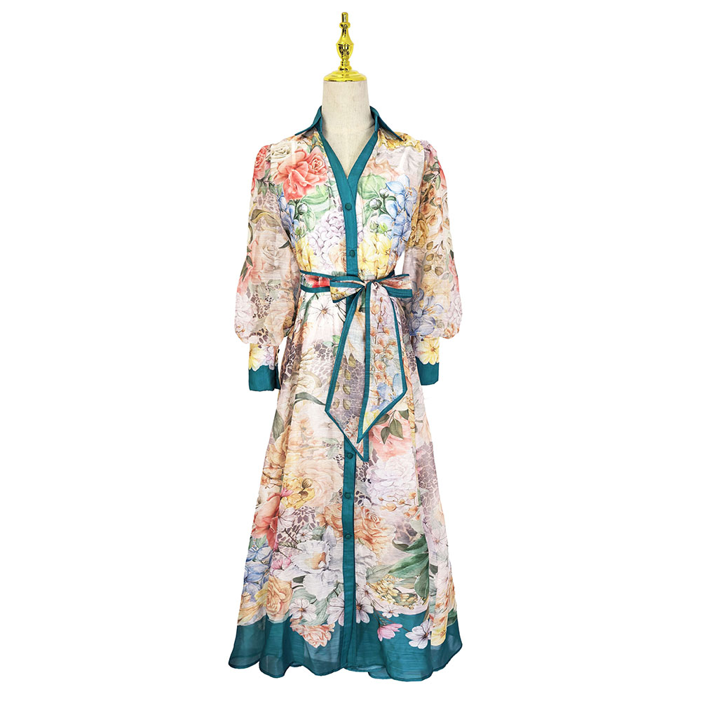 Pattern frenum with sling silk linen V-neck pinched waist dress