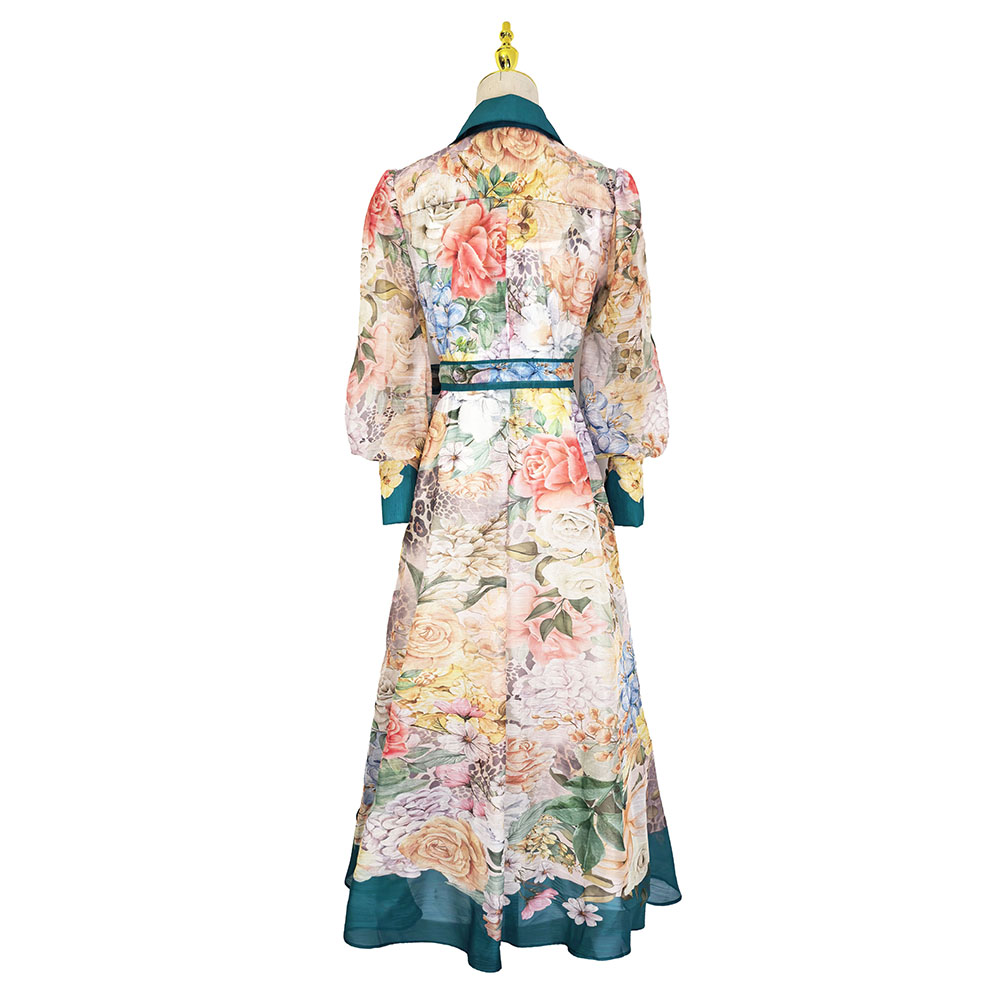 Pattern frenum with sling silk linen V-neck pinched waist dress