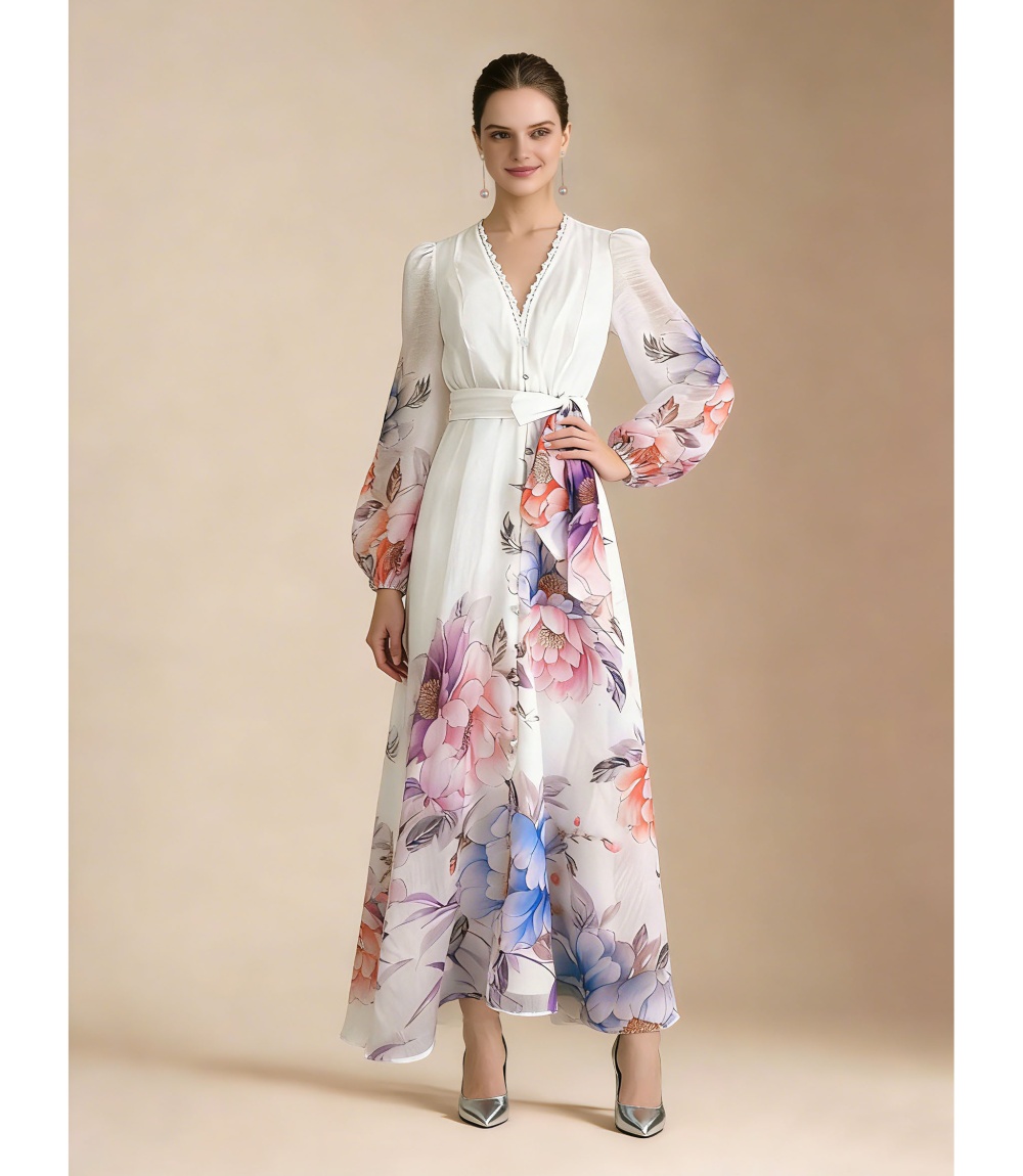 Elegant single-breasted silk linen lace frenum spring dress