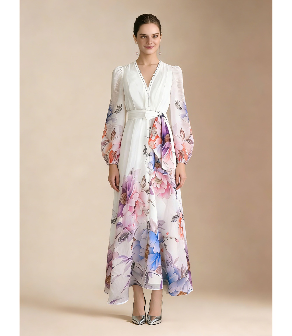 Elegant single-breasted silk linen lace frenum spring dress