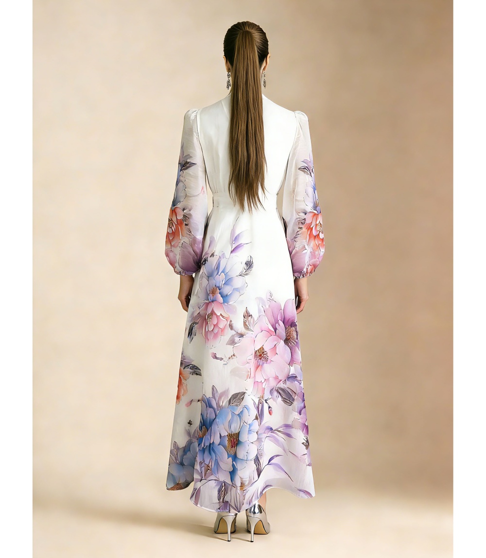 Elegant single-breasted silk linen lace frenum spring dress