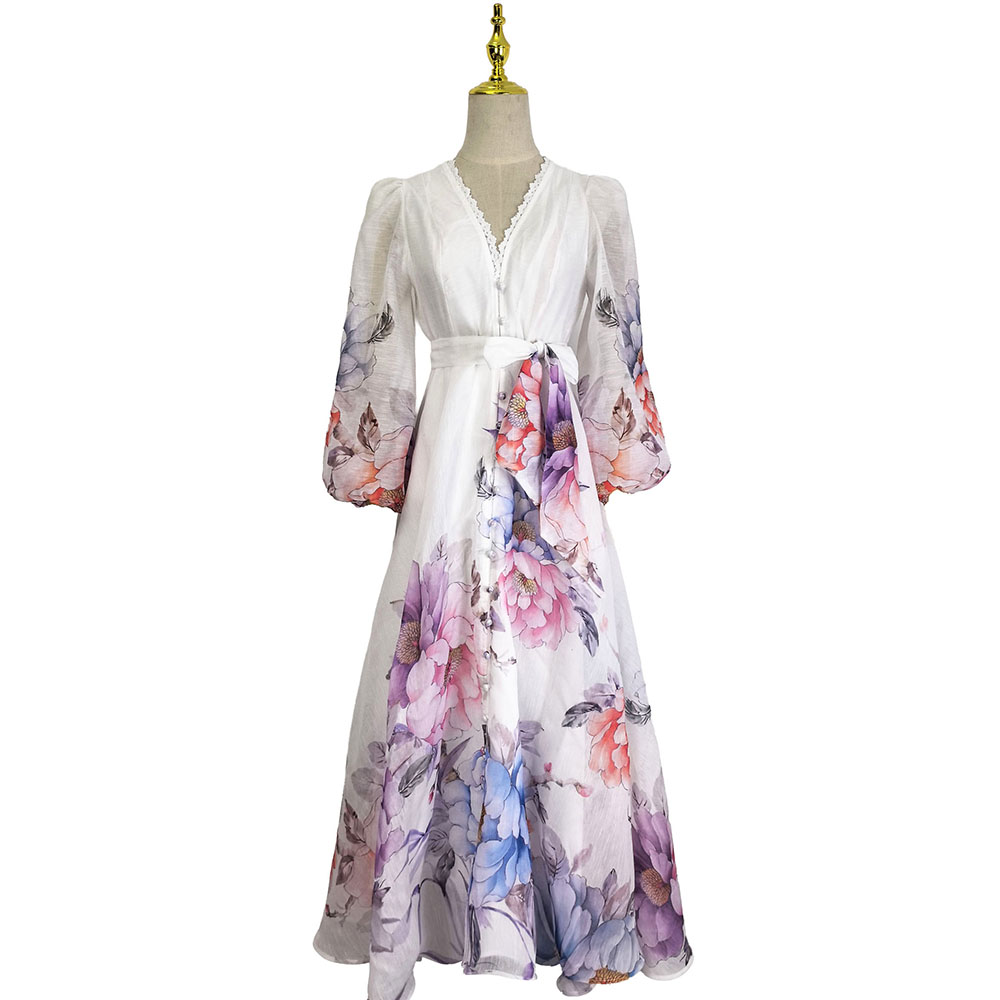 Elegant single-breasted silk linen lace frenum spring dress