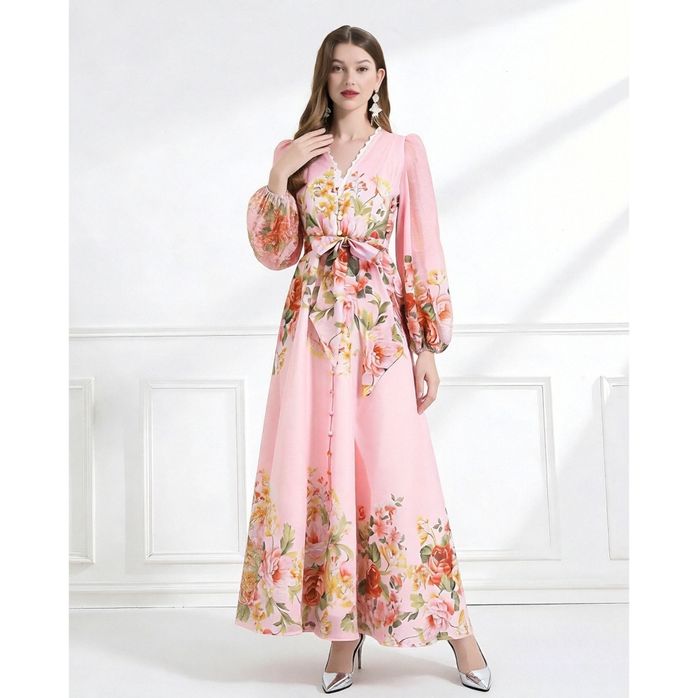 V-neck frenum elegant lace single-breasted spring dress